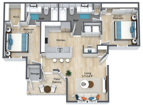 A floor plan of an apartment with two bedrooms, a living room, a kitchen, a bathroom, a storage area, and a balcony.